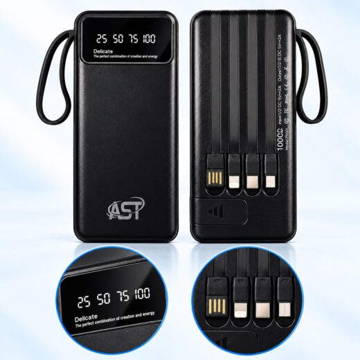 AST PB001 10000mAh Power Bank with Digital Display & Built-in Cables – Black