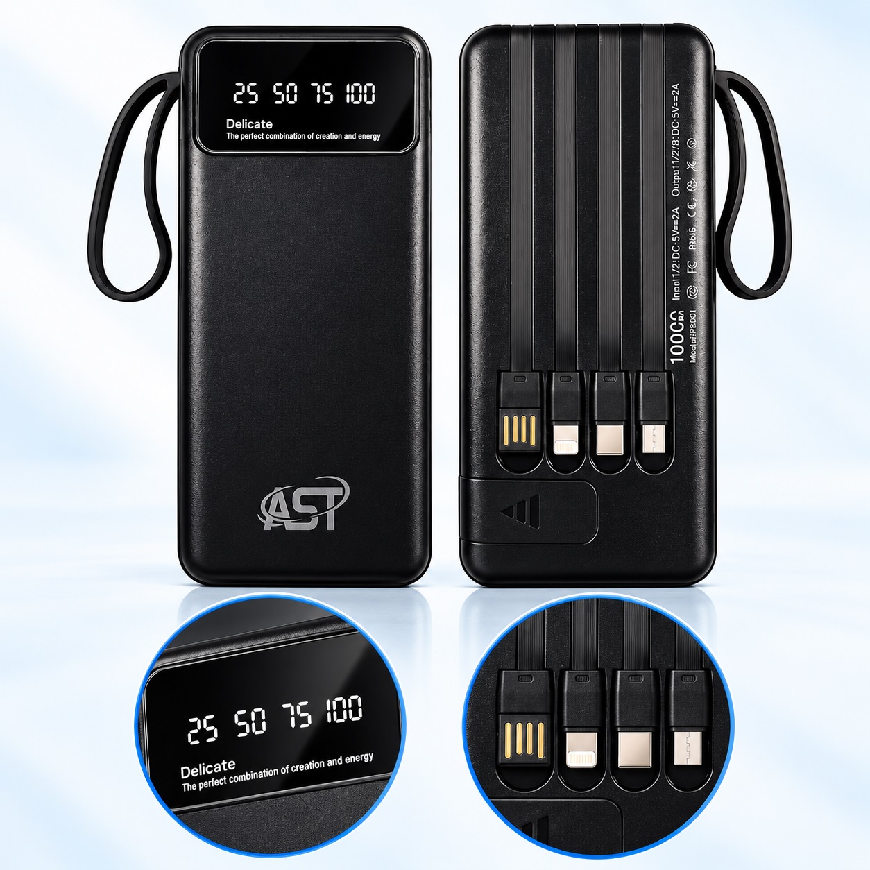 AST PB001 10000mAh Power Bank with Digital Display & Built-in Cables – Black
