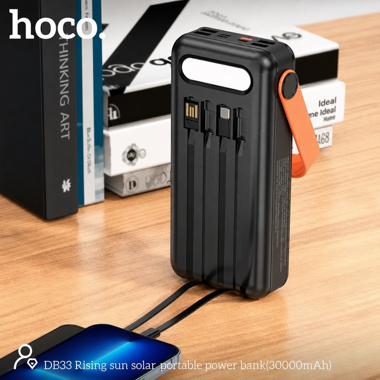 HOCO DB33 Plus Rising 30000mAh Solar Power Bank – 22.5W Fast Charging, PD 20W, Built-in Cable - Image 2
