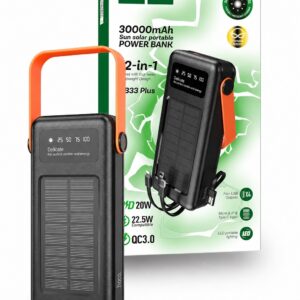 HOCO DB33 Plus Rising 30000mAh Solar Power Bank – 22.5W Fast Charging, PD 20W, Built-in Cable