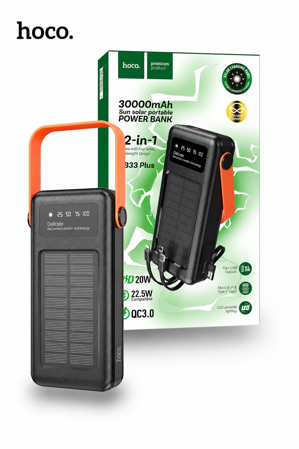HOCO DB33 Plus Rising 30000mAh Solar Power Bank – 22.5W Fast Charging, PD 20W, Built-in Cable
