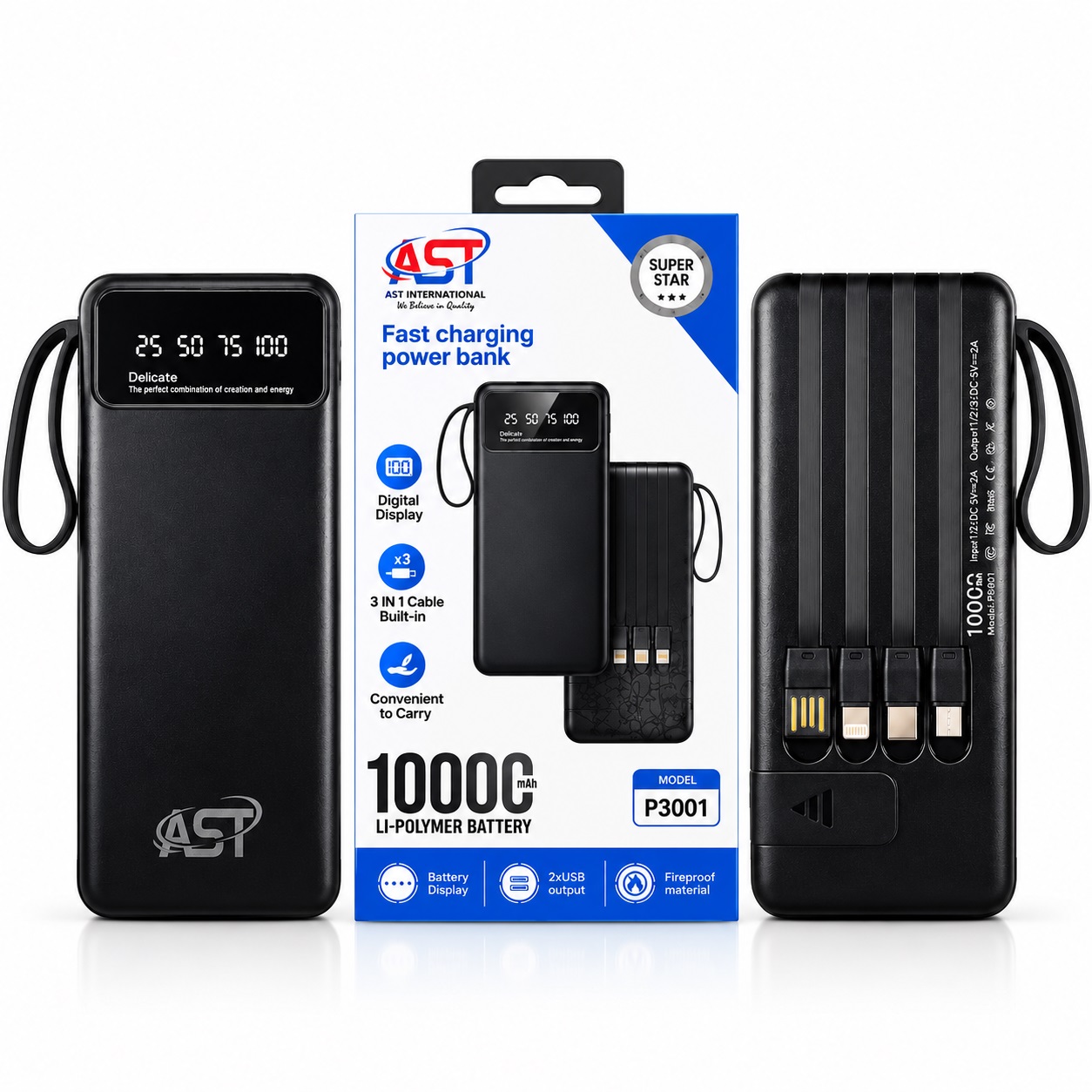 AST PB001 10000mAh Power Bank with Digital Display & Built-in Cables – Black - Image 4